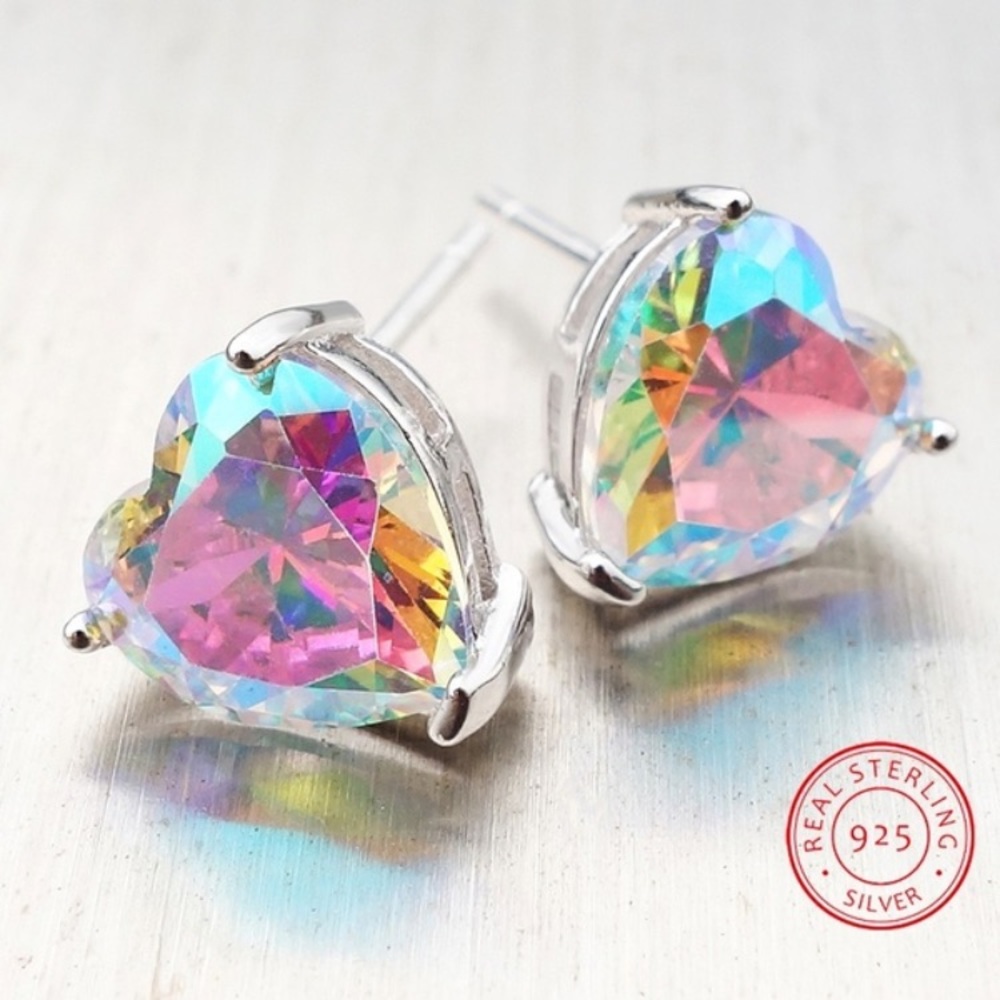 Sterling Heart Shaped Rainbow Zircon Earrings - Picture 1 of 5